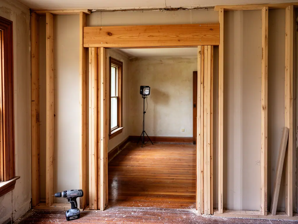 Widened doorway framed with a new lumber header on doubled studs, seen from an adjoining room with a cordless drill on the floor.