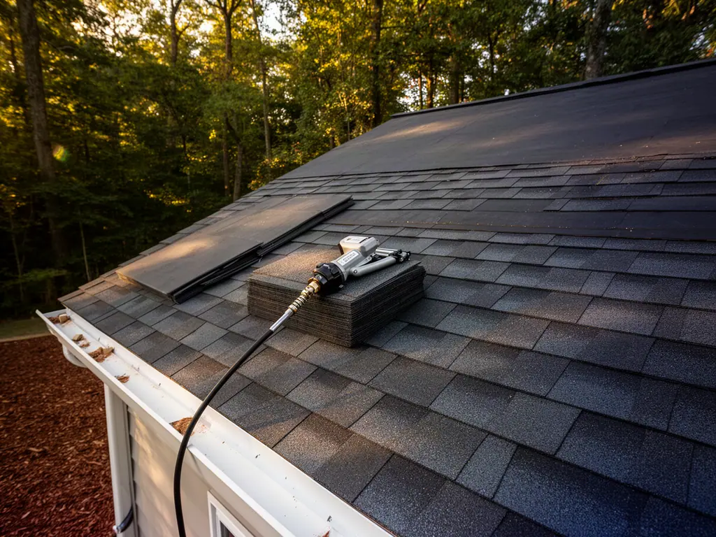 Roof slope half covered in new charcoal shingles over black felt underlayment, with a roofing nailer and a stack of shingles.